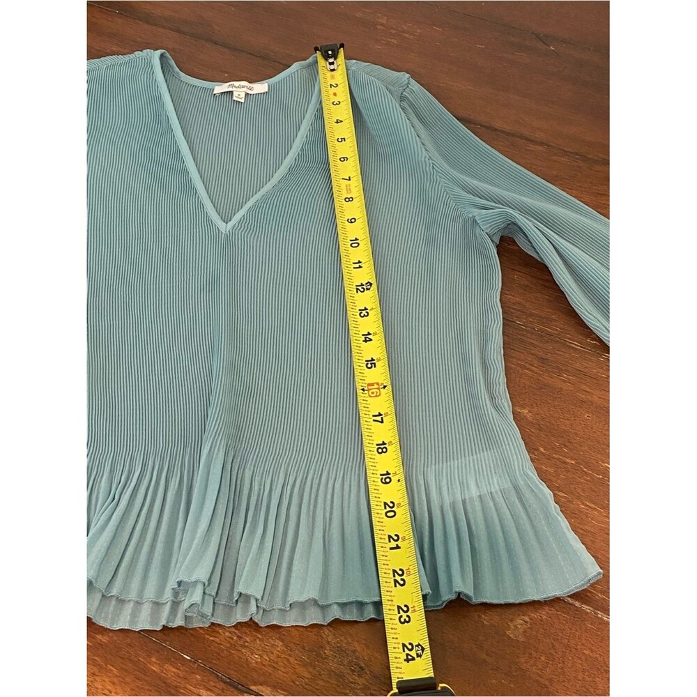 Madewell Womens Teal Pleated V-Neck Long Sleeve Blouse Flare Sleeve Elegant - Picture 15 of 16